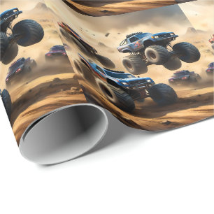 Monstertrucks racen in de woestijn, cadeaupapier