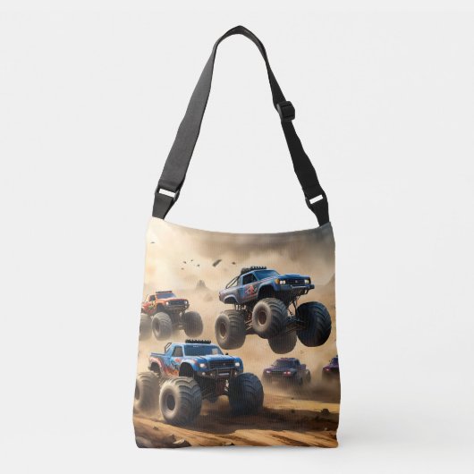 Monstertrucks racen in de woestijn, crossbody tas (Voorkant)