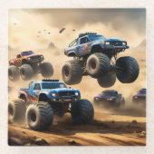 Monstertrucks racen in de woestijn, glazen onderzetter (Voorkant)