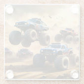 Monstertrucks racen in de woestijn, glazen onderzetter (Achterkant)