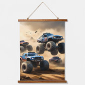 Monstertrucks racen in de woestijn, hangend wandkleed (Voorkant)