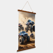 Monstertrucks racen in de woestijn, hangend wandkleed (Gebogen)