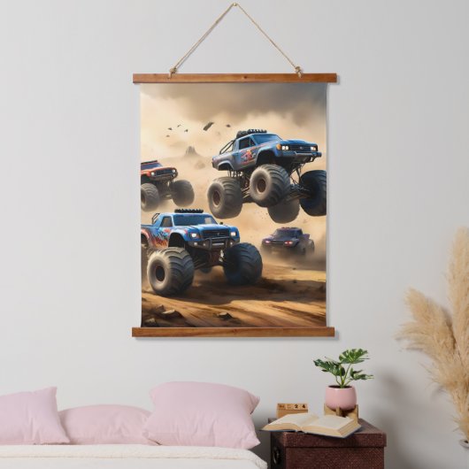 Monstertrucks racen in de woestijn, hangend wandkleed (Slaapkamer)