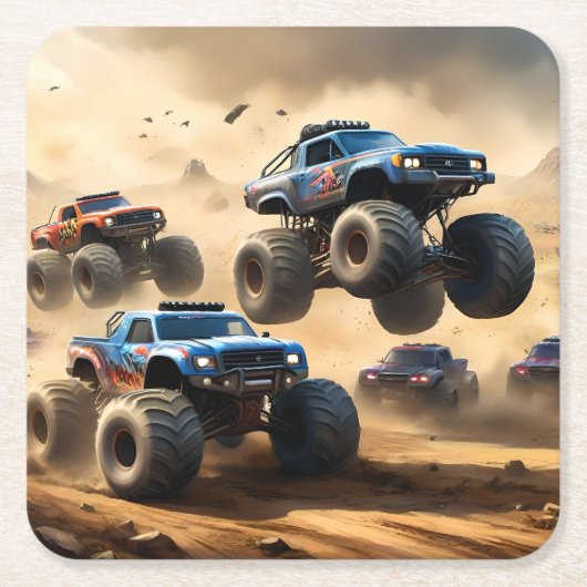 Monstertrucks racen in de woestijn, kartonnen onderzetters (Voorkant)