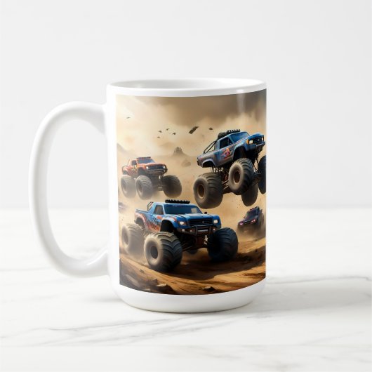 Monstertrucks racen in de woestijn, koffiemok (Links)