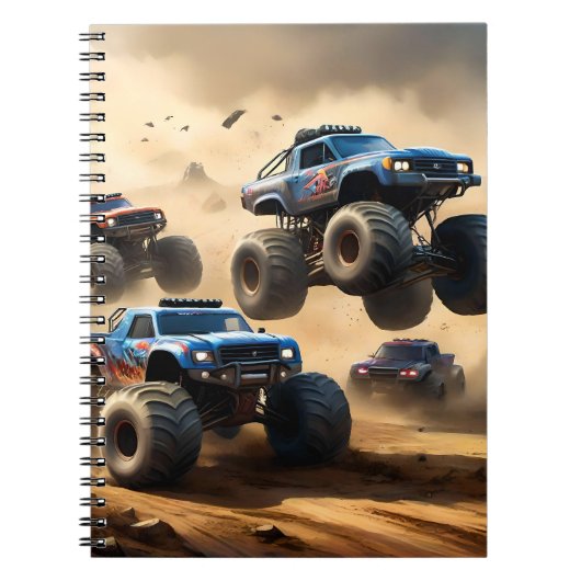 Monstertrucks racen in de woestijn, notitieboek (Voorkant)