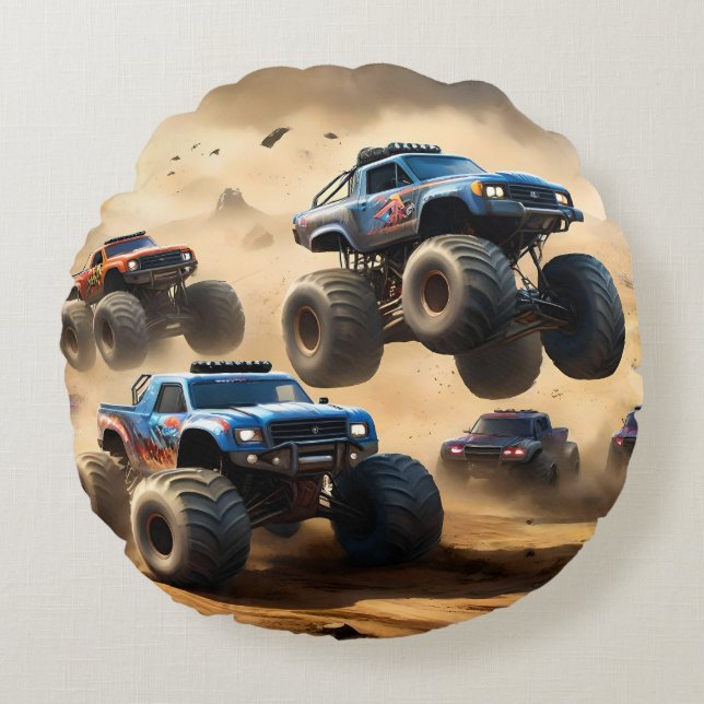 Monstertrucks racen in de woestijn, rond kussen (Voorkant)