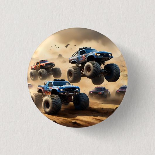 Monstertrucks racen in de woestijn, ronde button 3,2 cm (Voorkant)