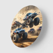 Monstertrucks racen in de woestijn, ronde klok (Hoek)