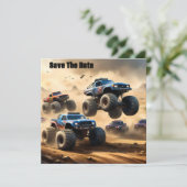 Monstertrucks racen in de woestijn, save the date (Staand voorkant)