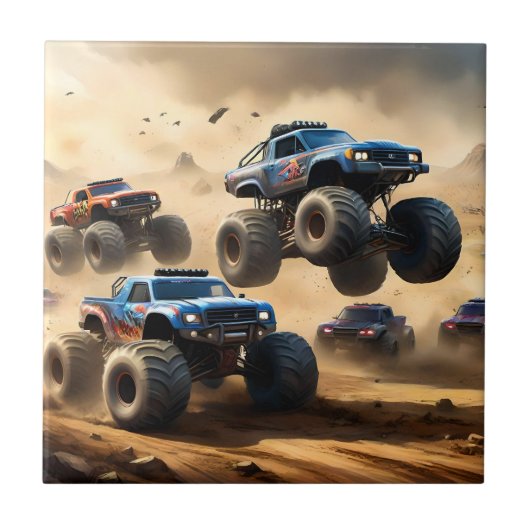Monstertrucks racen in de woestijn, tegeltje (Voorkant)