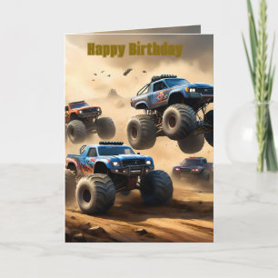 Monstertrucks racen in de woestijn, verjaardagskaa kaart