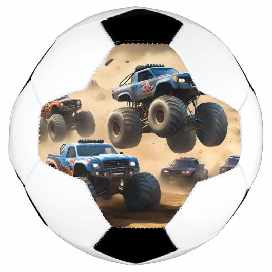 Monstertrucks racen in de woestijn, voetbal (Voorkant)