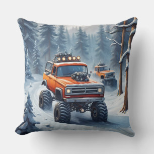 Monstertrucks rijden in besneeuwd bos kussen