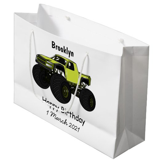 Monstervrachtwagen cartoon illustratie groot cadeauzakje (Voorkant Gekanteld)