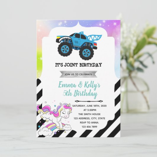 Monstervrachtwagen en éénpartijenuitnodiging kaart (Staand voorkant)