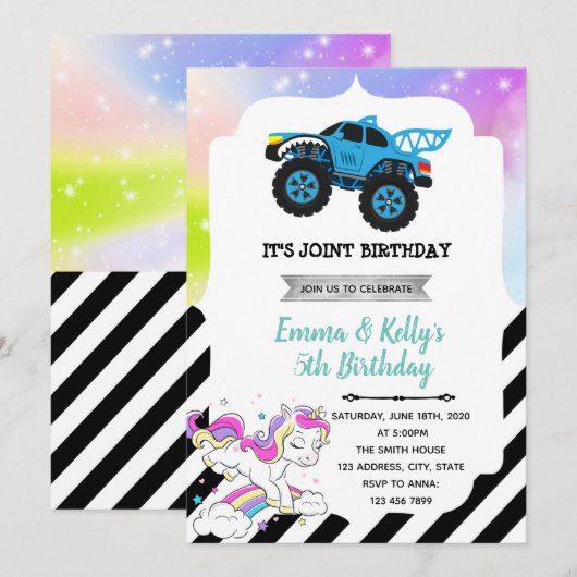 Monstervrachtwagen en éénpartijenuitnodiging kaart (Voorkant / Achterkant)