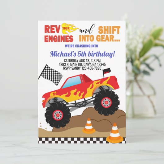Monstervrachtwagens verjaardagsuitnodiging kaart (Staand voorkant)