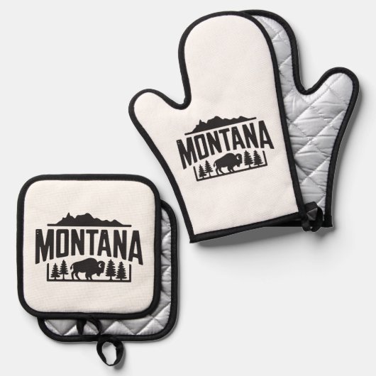 Montana bizon ovenhandschoen en pot houder ovenwant & pannenlap set (Voorkant / Achterkant)