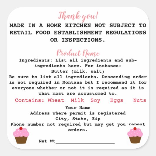 Montana Cottage Food Law Label thuisbakkerij (Voorkant)