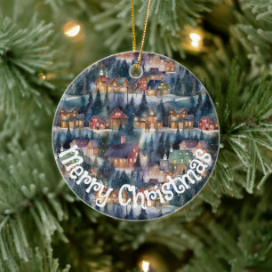 Montana Kerst op Midnight Street Waterverf Keramisch Ornament
