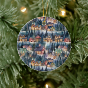 Montana Kerst op Midnight Street Waterverf Keramisch Ornament