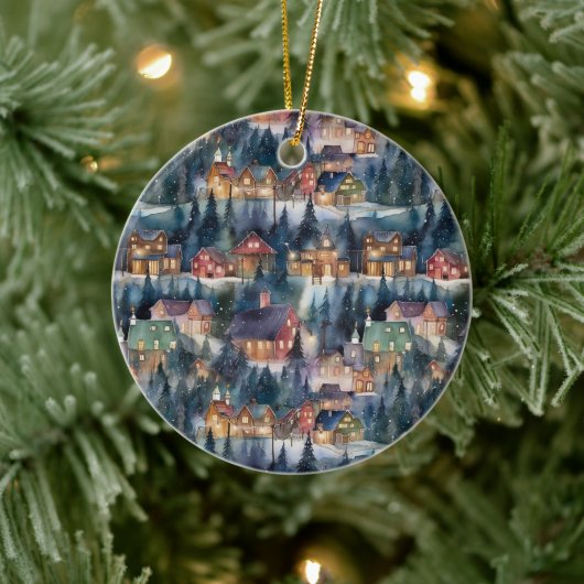Montana Kerst op Midnight Street Waterverf Keramisch Ornament (Boom)