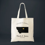Montana Map Wedding Welcome Bag, Black & Gold Tote Bag<br><div class="desc">Het weekend van de bruiloft heet cadeautas voor gasten uit de stad voor je bruiloft, met afbeelding van Montana, met gouden hart. Vul tas met je favoriete godies.</div>