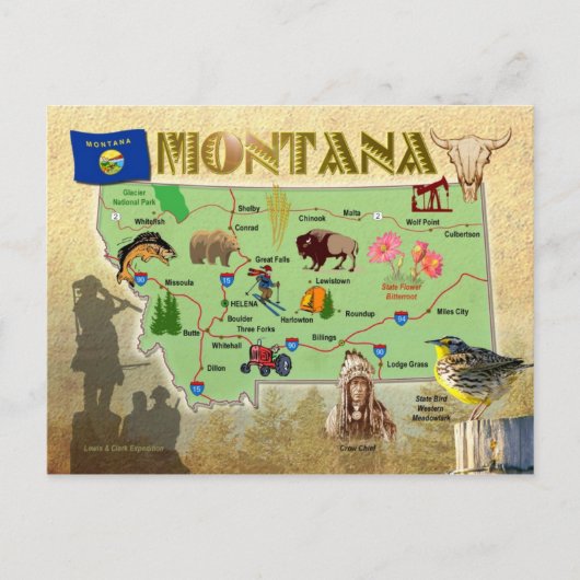 Montana State Map Briefkaart (Voorkant)