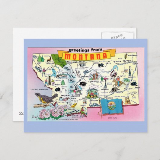 Montana State Map Briefkaart (Voorkant / Achterkant)