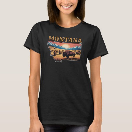 Montana State Outline Tattoo Bison & Mountains  T-shirt (Voorkant)