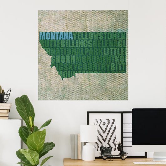 Montana State Outline Word Map op Canvas Poster (Thuiskantoor)