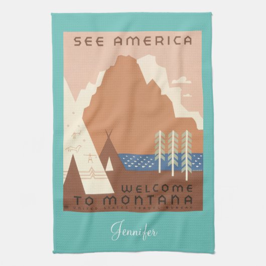 Montana Vintage Poster, DIY naam, licht Blauwgroen Theedoek (Verticaal)