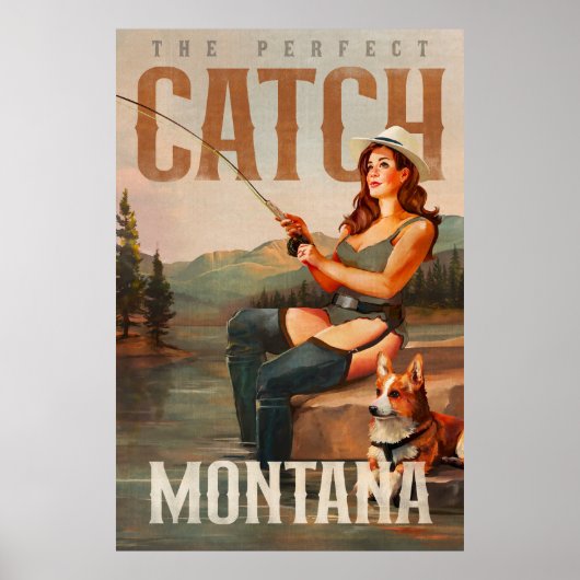  Montana Vist Pinup Girl River Fish Art Poster (Voorkant)