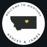 Montana Wedding Welcome Sticker Label Gold Black<br><div class="desc">Gebruik deze sticker om de welkomstzakken te etiketteren of dozen te behandelen voor je gasten uit het hotel in de stad,  en welkom ze in Montana.</div>
