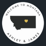 Montana Wedding Welcome Sticker Label Gold Black<br><div class="desc">Gebruik deze sticker om de welkomstzakken te etiketteren of dozen te behandelen voor je gasten uit het hotel in de stad,  en welkom ze in Montana.</div>