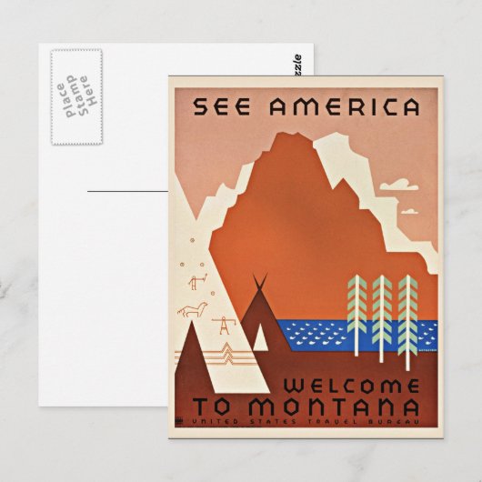 Montana, Zie Amerika, vintage reisillustratie Briefkaart (Voorkant / Achterkant)