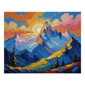 Montañas al amanecer con resplandor perfect poster