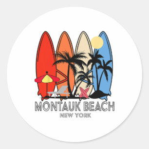 Montauk Beach New York Retro Surfplank Vintage Ronde Sticker