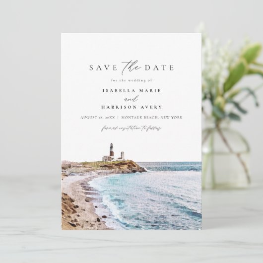 MONTAUK BEACH New York Skyline Save the Date Kaart (Staand voorkant)