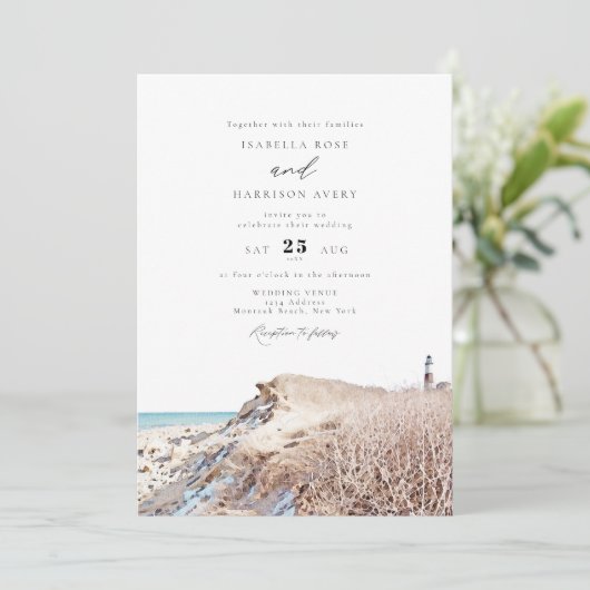 MONTAUK Beach New York Waterverf Wedding Invitati Kaart (Staand voorkant)