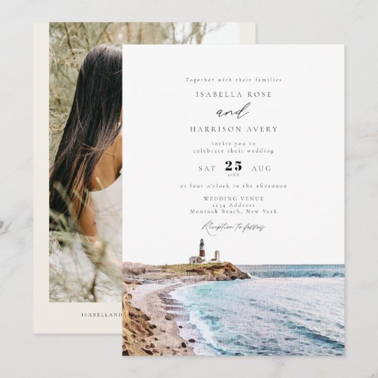 MONTAUK Lighthouse New York Waterverf Wedding Kaart (Voorkant / Achterkant)