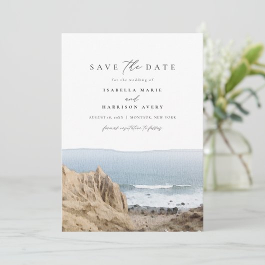 MONTAUK NIEUWE YORK Waterverf Beach Save the Date Kaart (Staand voorkant)