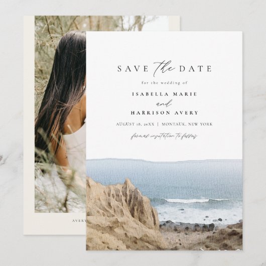 MONTAUK NIEUWE YORK Waterverf Beach Save the Date Kaart (Voorkant / Achterkant)