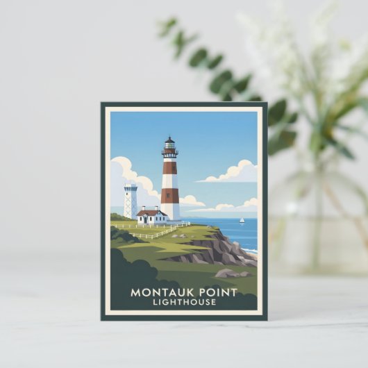 Montauk Point Lighthouse, Coastal Cliff & Sailboat Briefkaart (Staand voorkant)