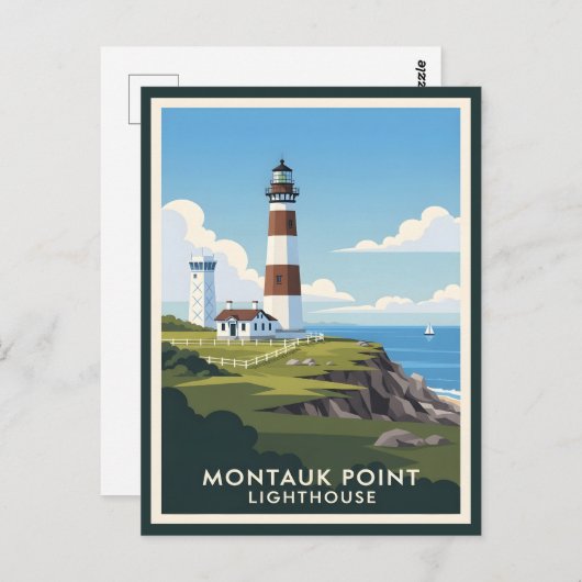 Montauk Point Lighthouse, Coastal Cliff & Sailboat Briefkaart (Voorkant / Achterkant)
