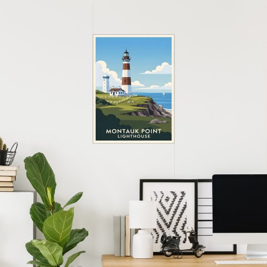 Montauk Point Lighthouse, Coastal Cliff & Sailboat Poster (Thuiskantoor)