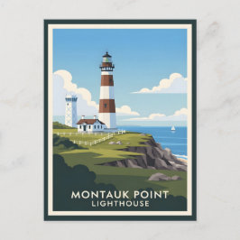 Montauk Point Lighthouse, Kustklif & Zeilboot Briefkaart