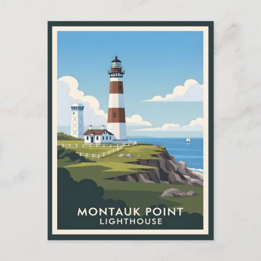 Montauk Point Lighthouse, Kustklif & Zeilboot Briefkaart (Voorkant)