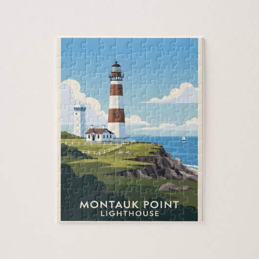 Montauk Point Lighthouse, Kustklif & Zeilboot Legpuzzel (Verticaal)